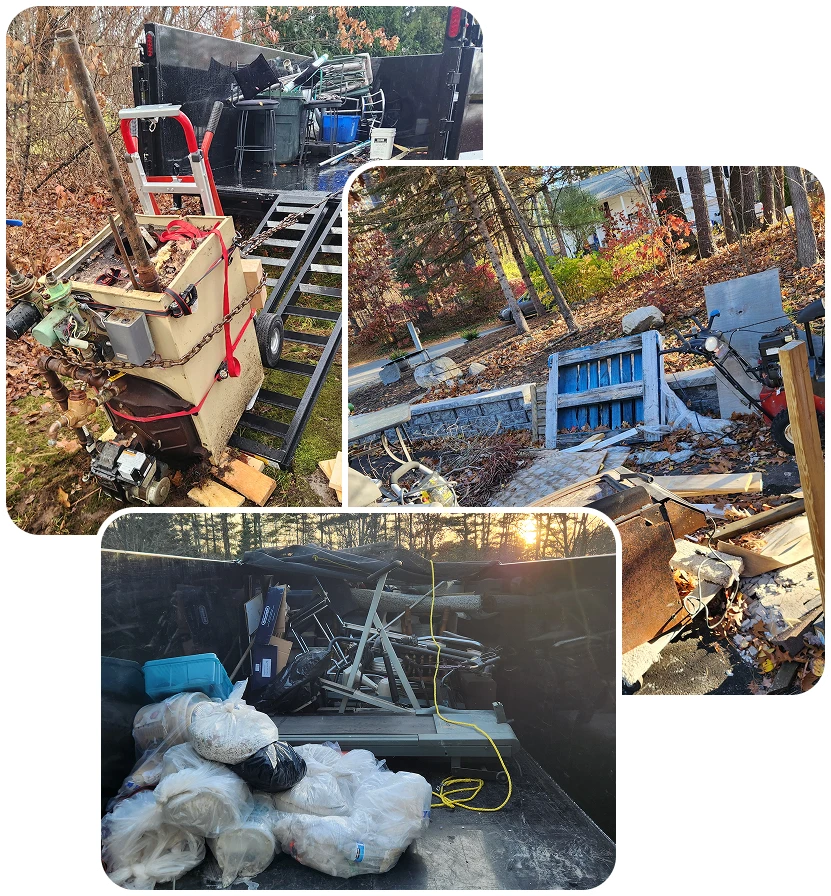 Three Toupin Hauling job photos, a loaded trailer, an outdoor cleanout and a full trailer bed