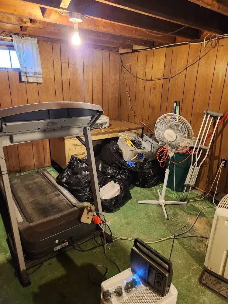 Treadmill, fans and trash bags in a wood-paneled basement
